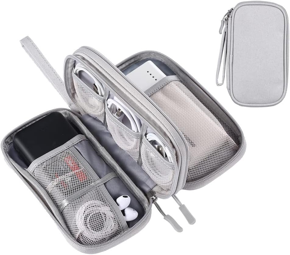 Travel Essentials for Men Women, Electronics Organizer Pouch Bag for Tech Accessories/Charger & Cords/Cables/Magic Mouse (Small, Light Gray)