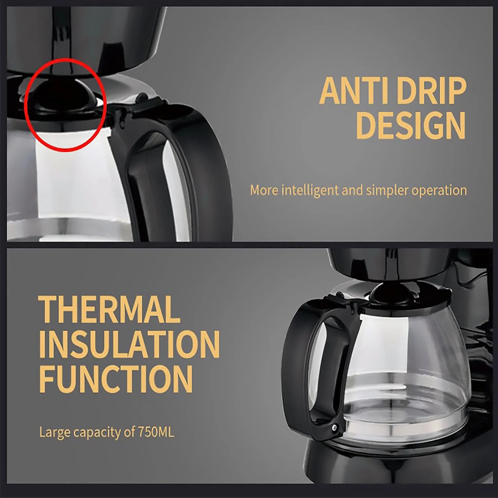 Small Coffee Maker, Compact Coffee Machine with Reusable Filter, Warming Plate and Coffee Pot for Home and Office