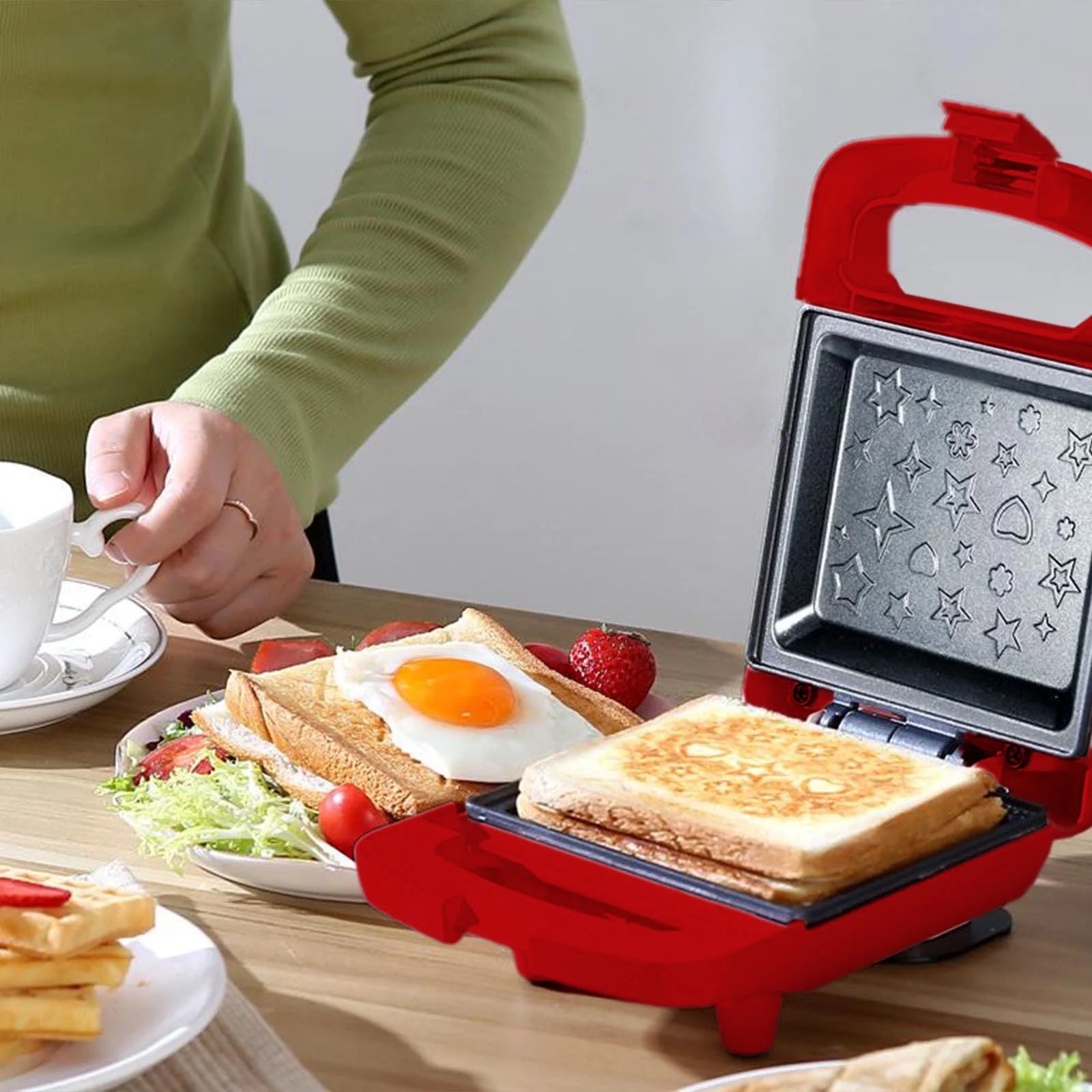 Home Essentials Bread Maker - Toaster - Double Sided Heating Mini Breakfast Machine - Home Multifunctional Breakfast Machine - Sandwich Maker Gifts for Women and Men( Red)