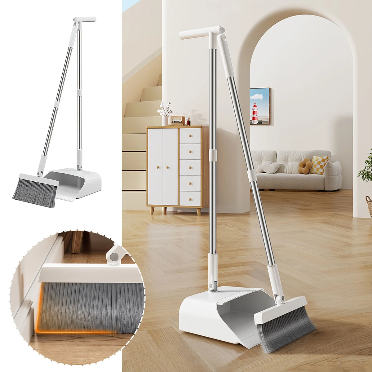Broom and Dustpan Combo Set for Home Clearance - Heavy Duty Cleaning Tools - 10X13In Plastic Household Dustpan Combination Mop - Home Essentials for New Home