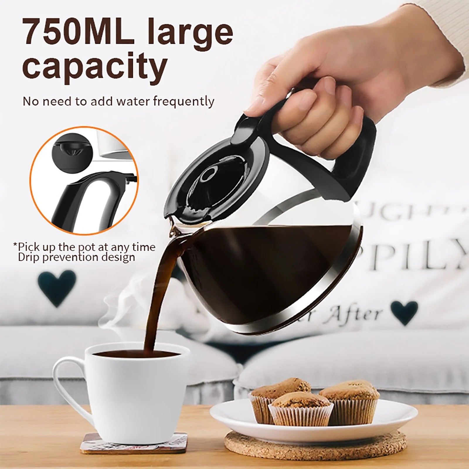 Small Coffee Maker, Compact Coffee Machine with Reusable Filter, Warming Plate and Coffee Pot for Home and Office