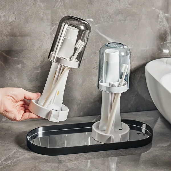 Toothbrush Holder with Dust Cover Drainage Design Plastic Multifunctional Bathroom Organizer for Cups Home Essentials